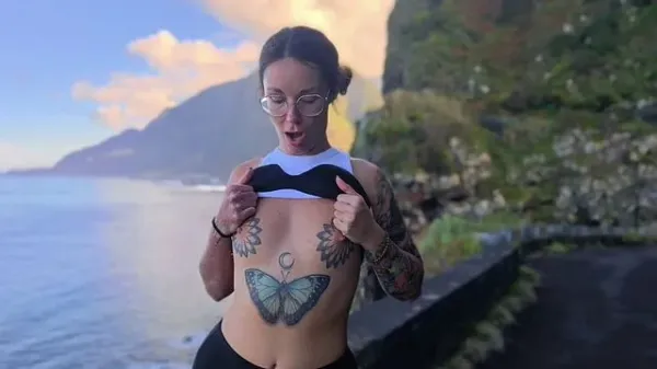 Brunette Public Flashing with Petite Figure